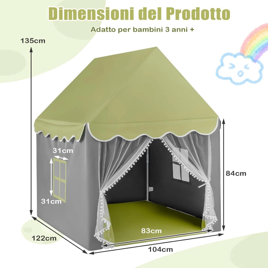 Tenda da Gioco per Bambini, Tenda Castello con Tappetino Lavabile, Luci a Forma di Stella, per Interno ed Esterno, 105 x 121 x 136 cm (Stile 2 Verde)