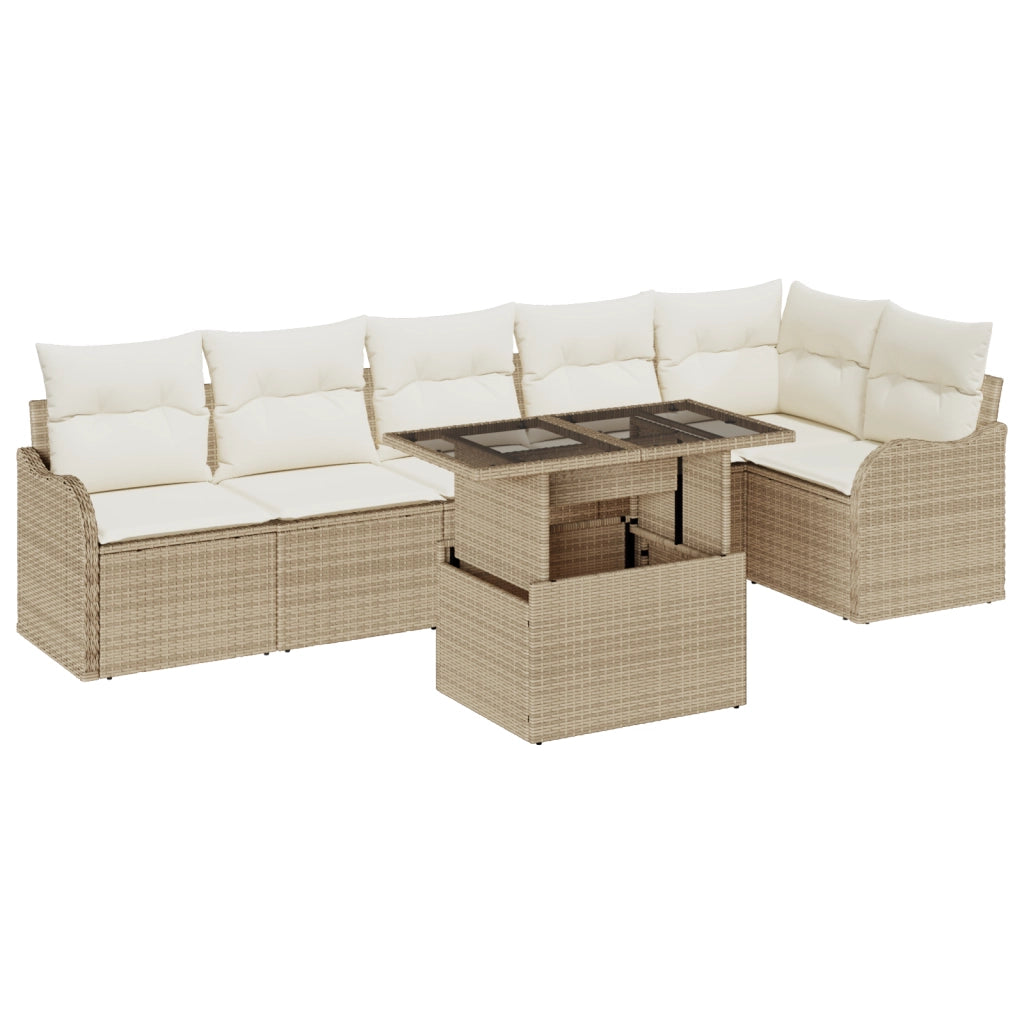 Set Divano da Giardino  7 Pezzi con Cuscini Beige Rattan Polimerico