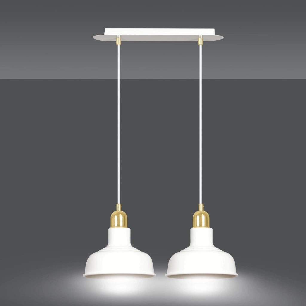 Lampadario Industrial 2 Luci Kubera In Acciaio Bianco Con Elementi In Oro