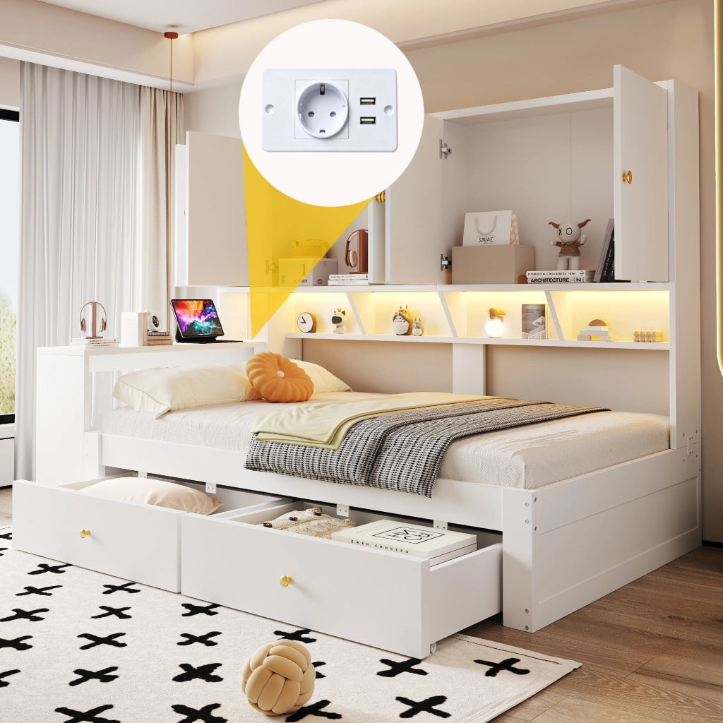 Letto singolo 90 × 200 cm con scrivania integrata armadi cassetti LED e prese elettriche bianco