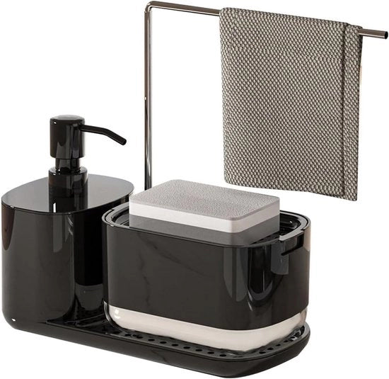 Organizzatore per cucina con caricabatterie e dispenser sapone - supporto per asciugamani in acciaio inox caddy di organizzazione per la zona cottura nero.