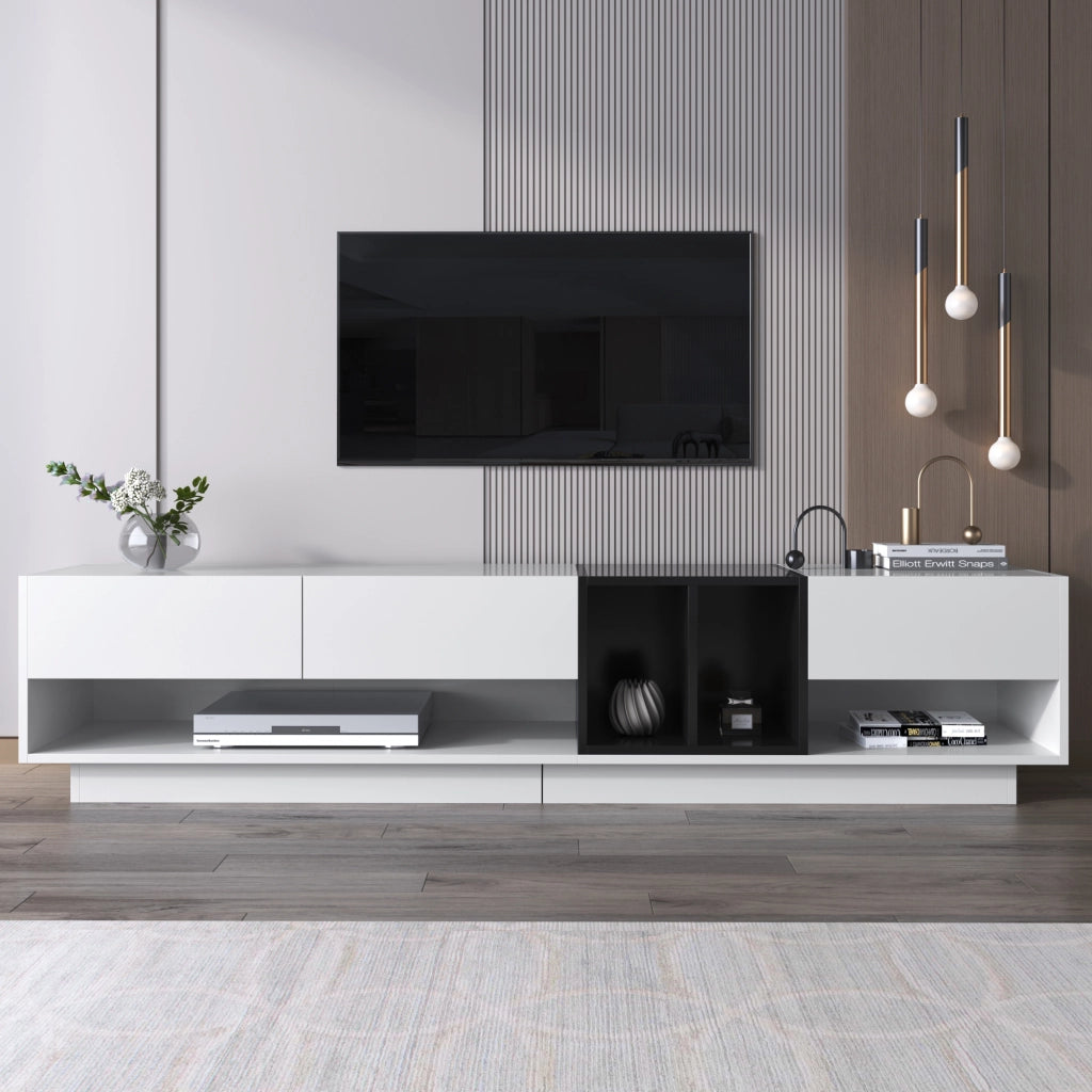 OKWISH Mobile TV con 3 Cassetti e 2 Vani Aperti, Finitura Lucida, per Soggiorno, Bianco e Nero, 190×40×42 cm
