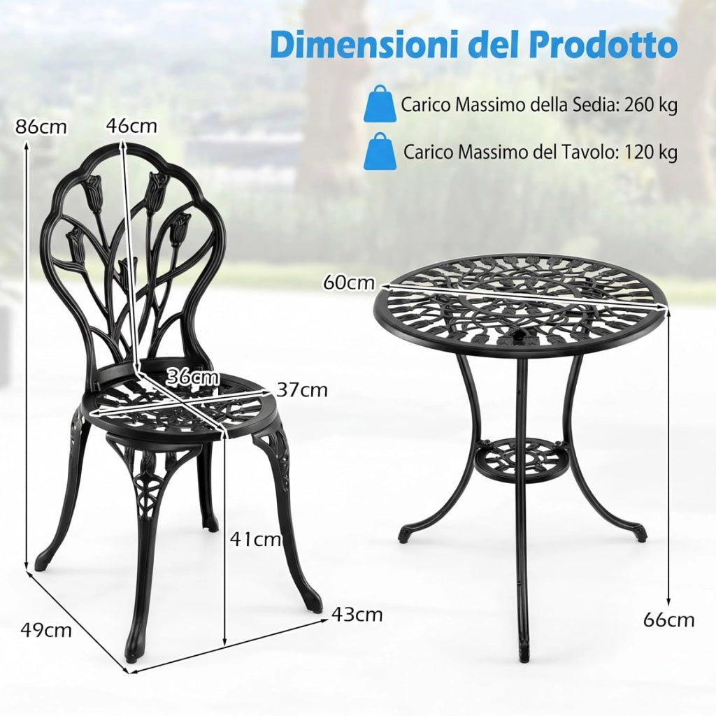 Set Tavolino e Sedie in Alluminio 3 Pezzi, Set Bistro da Esterno con Foro per Ombrellone, Mobili da Giardino per Cortile Patio Terrazza (Modello 2)