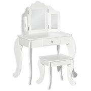 Tavolo da Trucco per Bambini con Sgabello e Triplo Specchio, in Legno e Acrilico, 63x40x85.5 cm, Bianco