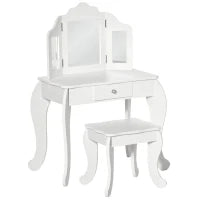 Tavolo da Trucco per Bambini con Sgabello e Triplo Specchio, in Legno e Acrilico, 63x40x85.5 cm, Bianco