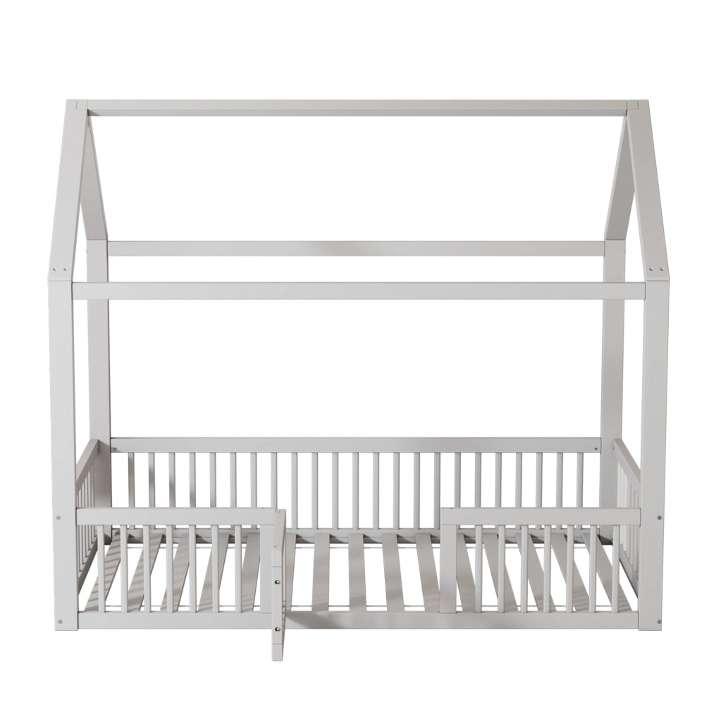 Letto a casetta per bambini 90x200 cm in legno bianco con sponde e porticina