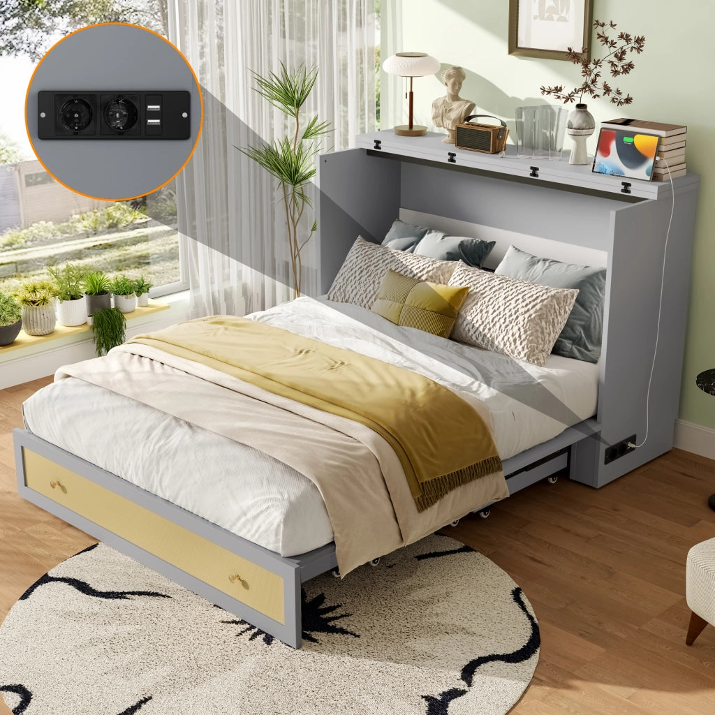 DESMIU Letto combinato 2 posti con cassetto, USB e presa, 140 × 200 cm, senza materasso, MDF, grigio