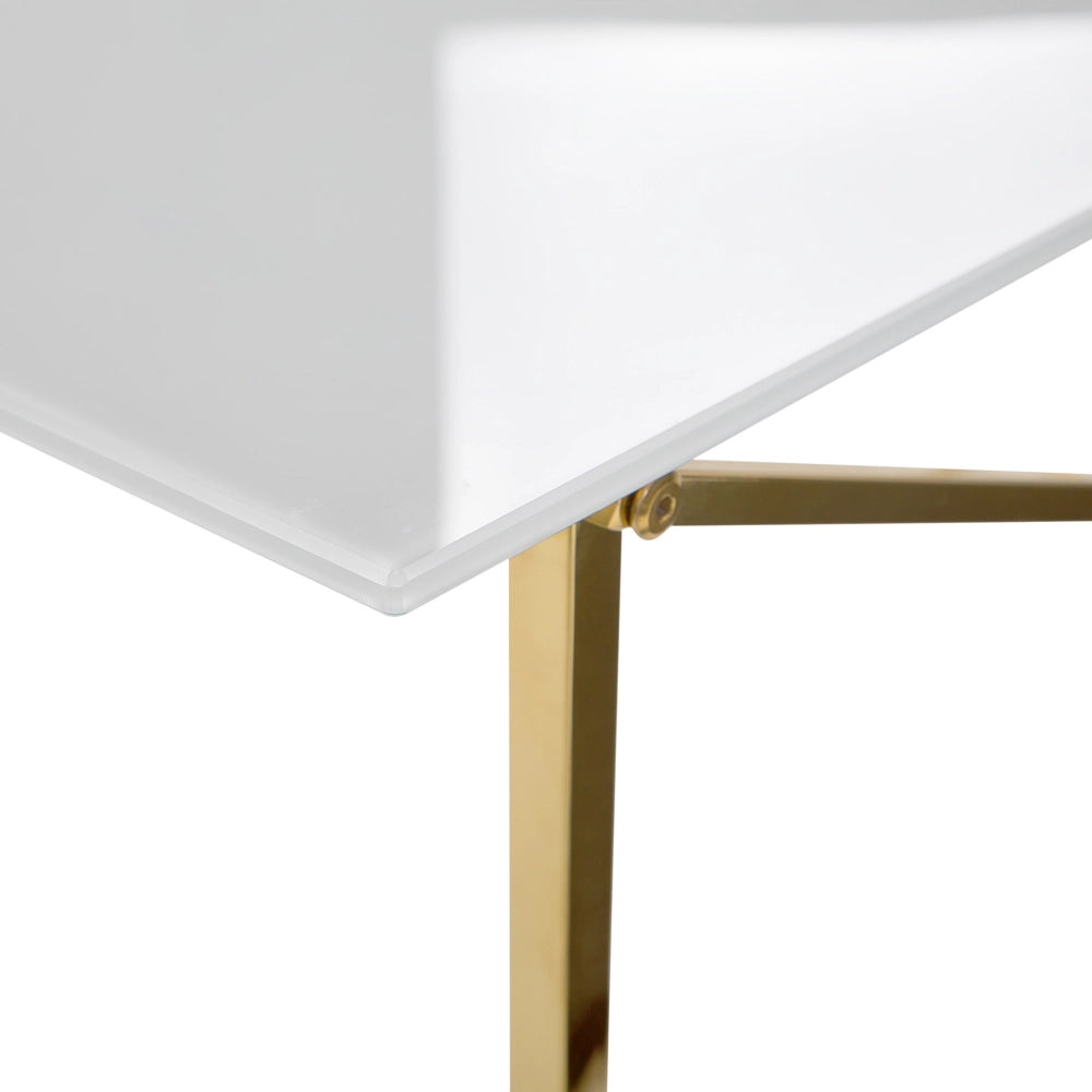 Tavolino Rettangolare Piano Bianco Gambe dorato Piano Vetro Temperato Base Acciaio Inox 100 x 50 cm Glam Minimalista