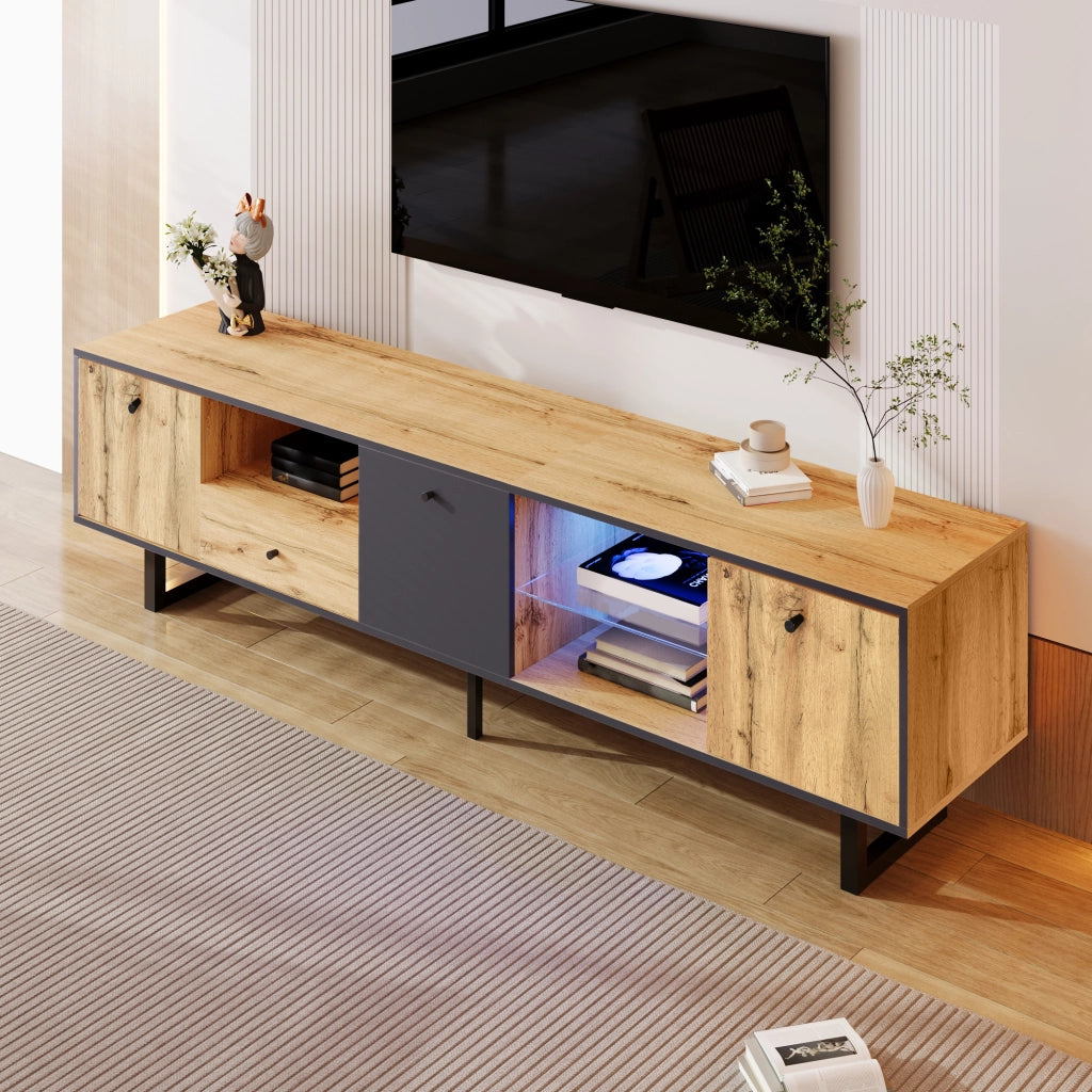 Mobile TV con 3 Ante; 1 Cassetto e 3 Vani e LED; Ripiani in Vetro; Stile Industriale; in Truciolare; Naturale; 190??40??50 cm