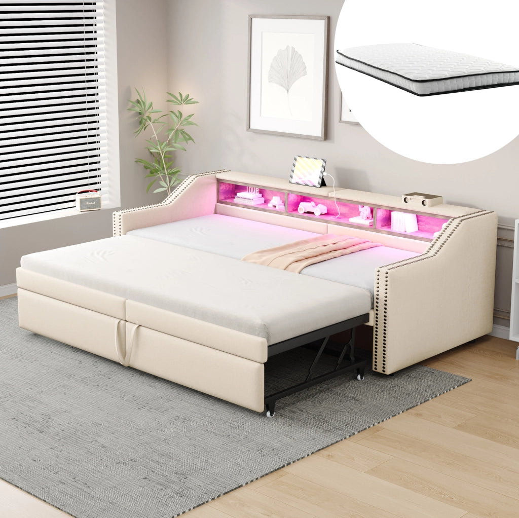 Letto imbottito estraibile 90/180 x 200 cm con LED; USB; contenitore laterale e 2 materassi beige