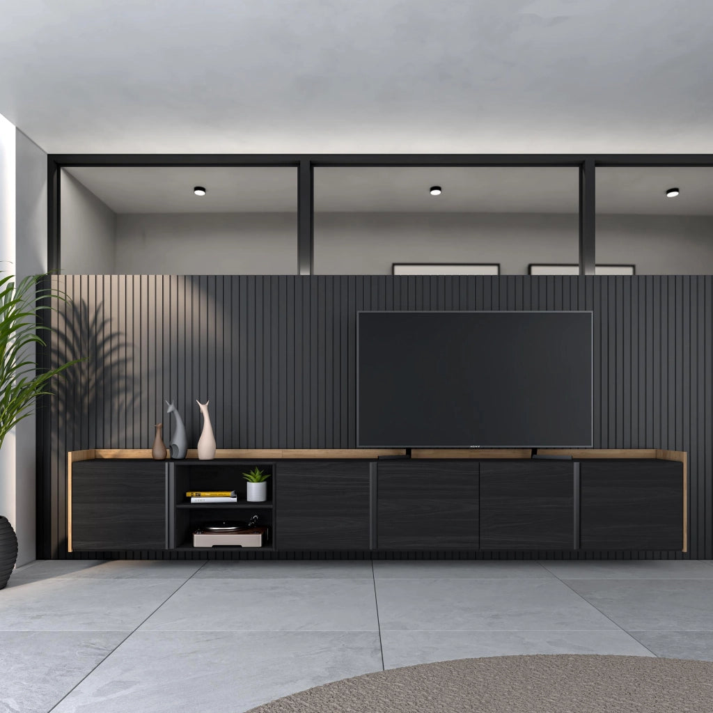 Mobile TV Soggiorno, 309x50x35 cm, Per TV fino a 80", Sospeso, da appendere, Nero e rovere
