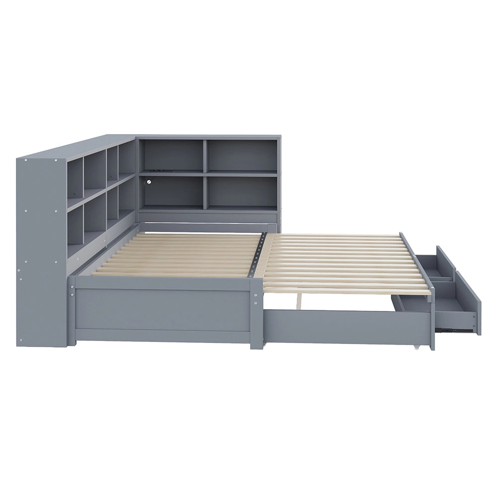 Divano in legno 90/180x190cm - Xylo - grigio, cassetti, doghe, presa EU