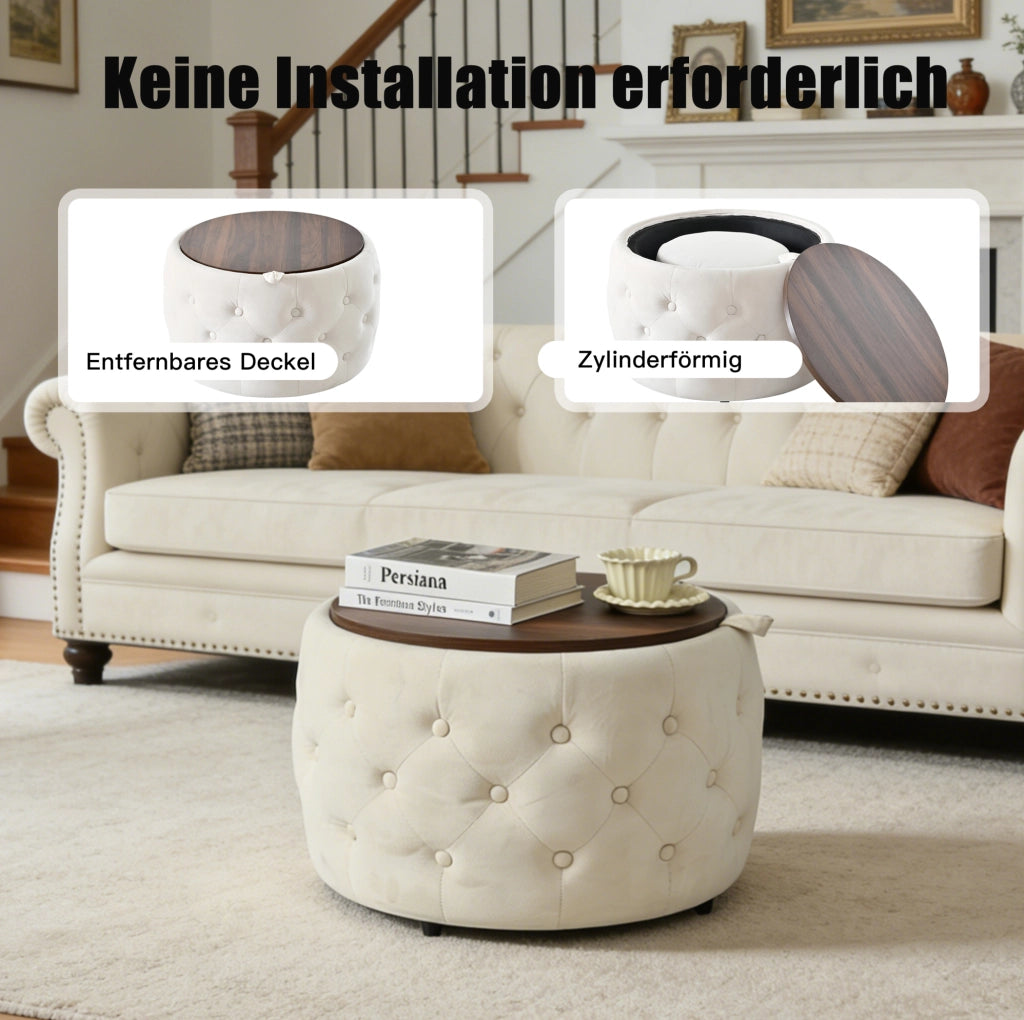 Set di 2 pouf contenitore rotondi in velluto beige 4 in 1
