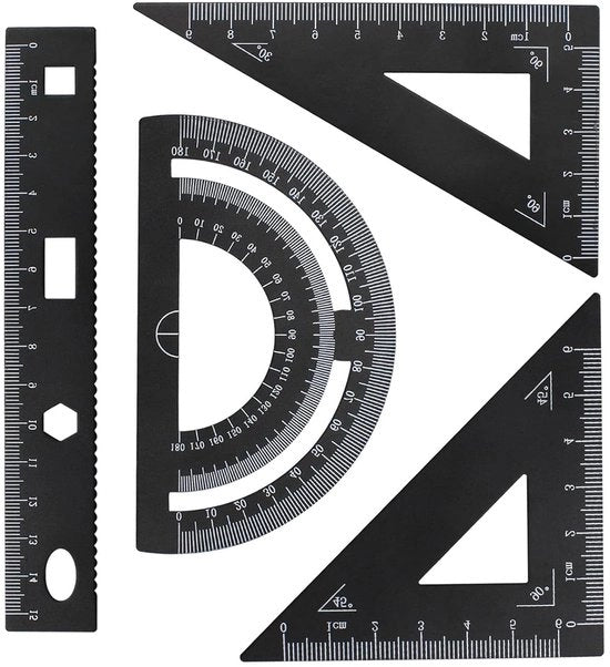Set di quadranti e righello a 4 parti con righello geometrico - Ideale per studenti - Lega di alluminio - Nero - Angolo 60° e 45°.