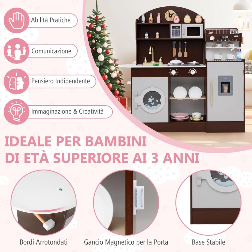 Cucina Giocattolo con Macchina da Caffè e del Ghiaccio, Cucina per Bambini in Legno con Lavatrice, Microonde, Fornelli e Lavandino, Set Cucina con 27 Accessori, 106 x 30 x 105 cm (Marrone)