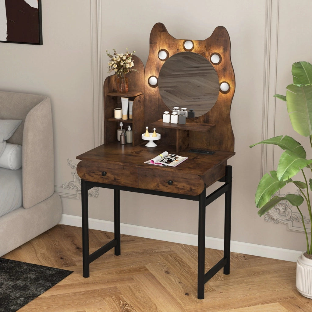 Toeletta a forma di gattino con specchio e luci tavolo trucco, Toeletta stazione di ricarica integrata Marrone-Tavoli da trucco