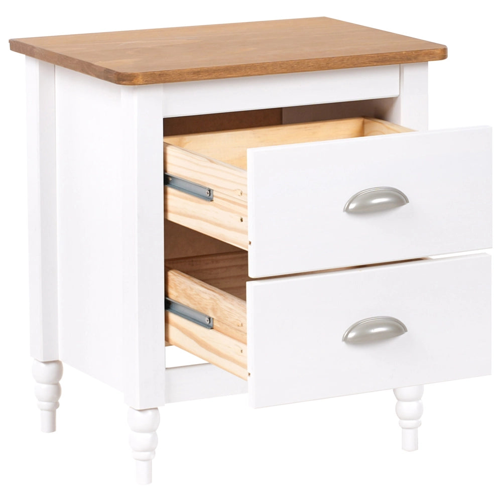 Comodino 2 cassetti bianco e legno chiaro stile Retro e moderno