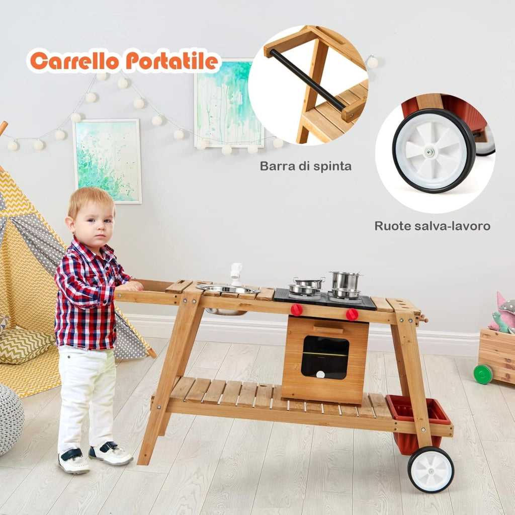 Cucina Giocattolo per Bambini, Cucina da Esterno in Legno con Ombrellone Antisolare e Ruote, Carretto con Stufa, Forno a Legna Simulato, Lavello e Utensili da Cucina, 3 Anni+ (Bianco)
