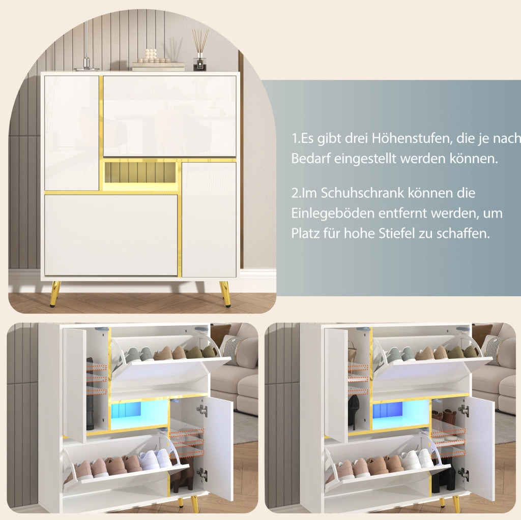 Mobile portascarpe bianco 80x25x96 cm con frontale lucido; LED 16 colori e ripiani regolabili
