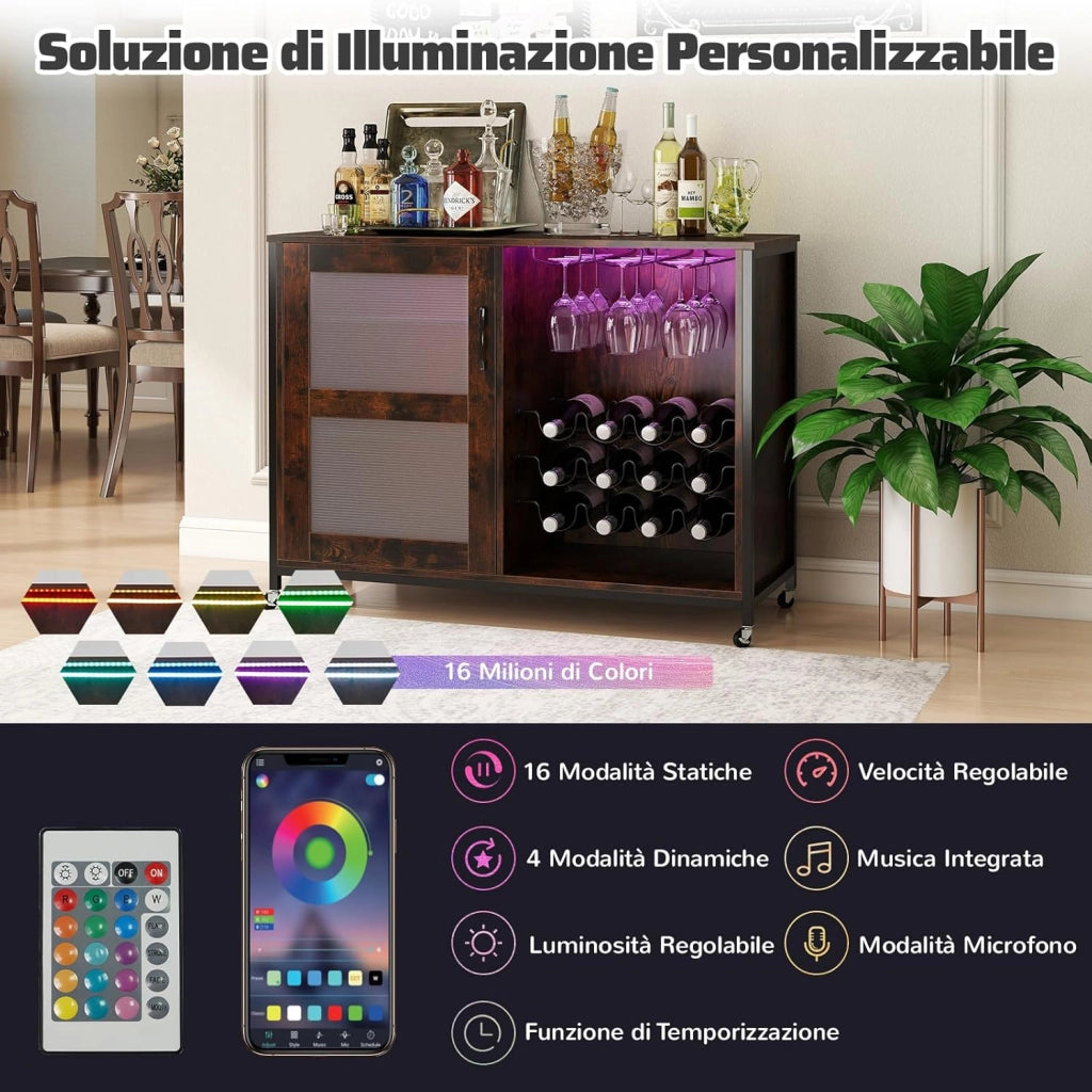 Mobile Bar per Vino con Luce LED, Credenza Buffet da Cucina con Ruote, Ripiani Regolabili, Supporti per Bicchieri e Bottiglie, per Sala da Pranzo e Soggiorno, 108 × 40 × 81 cm