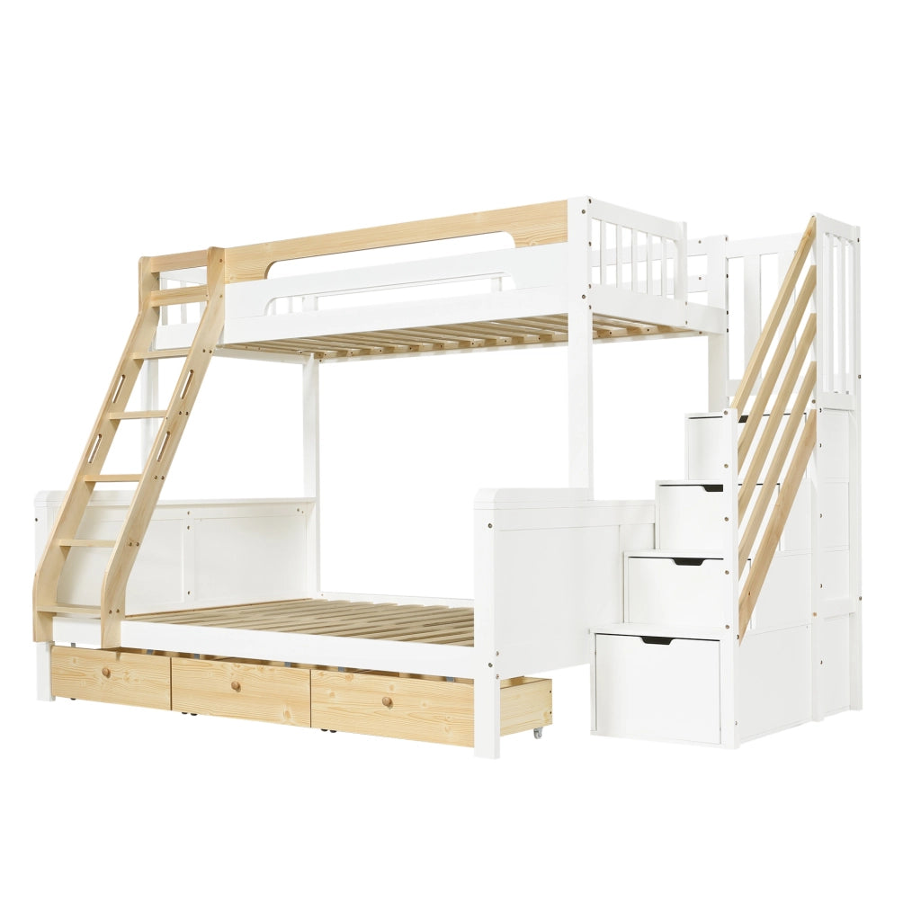 Letto a castello familiare 90x200/140x200 cm in legno bianco e naturale con scala contenitore
