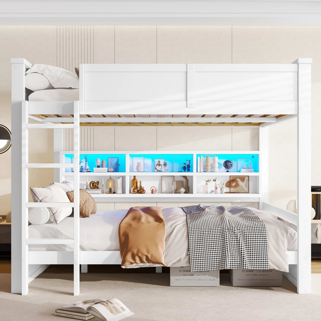 LETTO A CASTELLO 160x200 cm Bianco con 6 vani contenitori e luci LED
