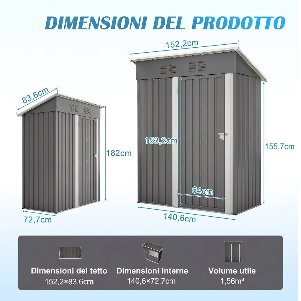 Casetta da Giardino 152x84x182 cm in Metallo Grigio - 1.27 m²- Resistente alle intemperie