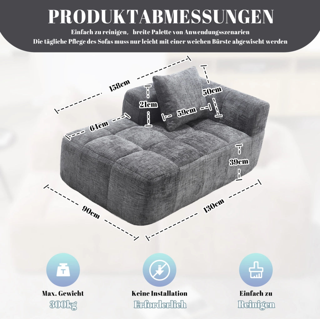 Divano Chaise Lounge in Chenille Grigio con Tasche Laterali e Cuscino, 158x90x60 cm
