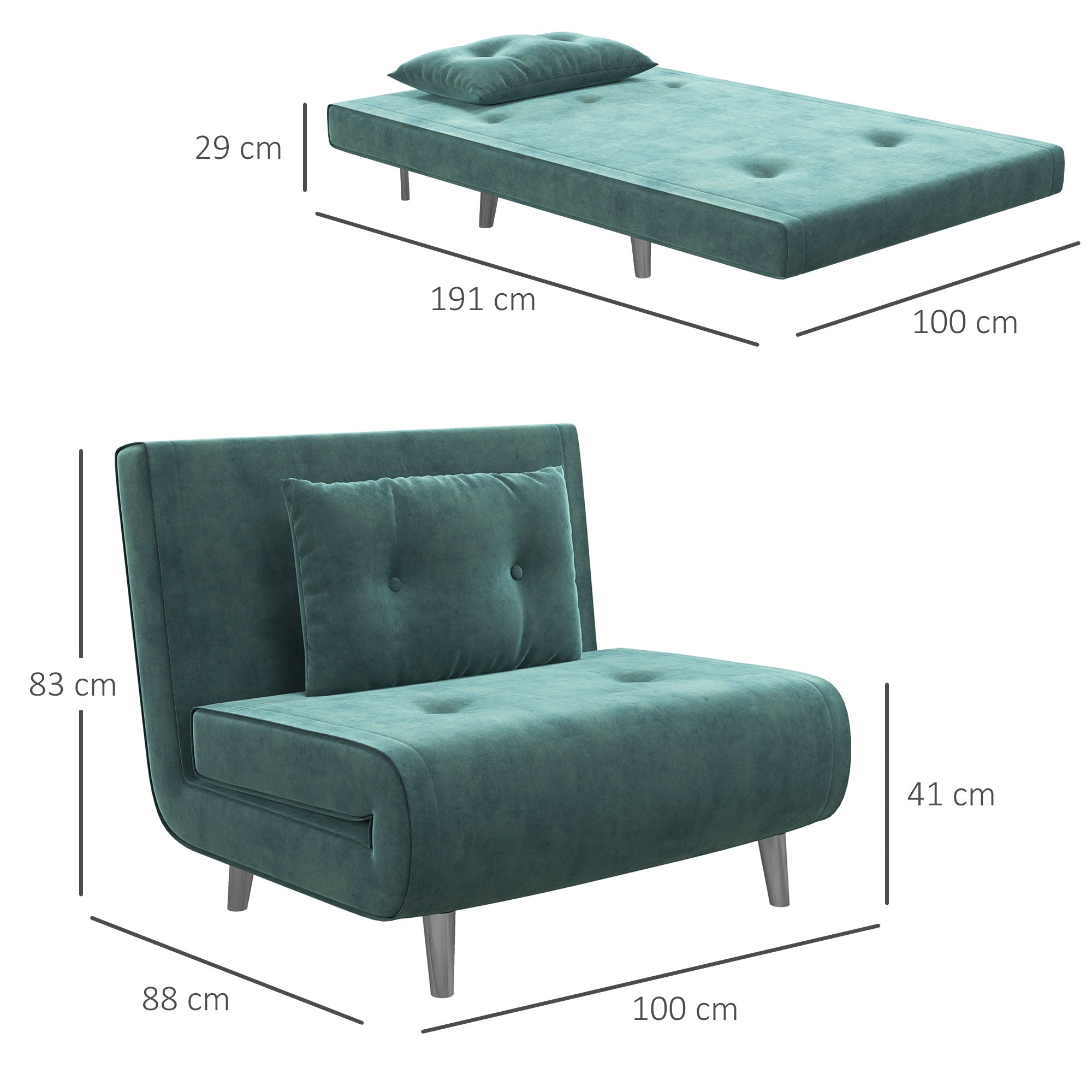 Poltrona Letto Singolo 100x88x83 cm in Velluto Verde Scuro