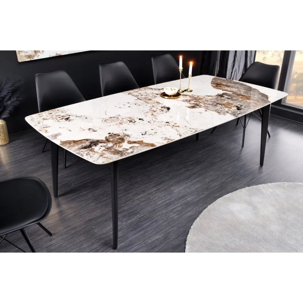 Tavolo da pranzo HEXA – Ceramica effetto pietra e metallo nero – 180 cm – Stile contemporaneo