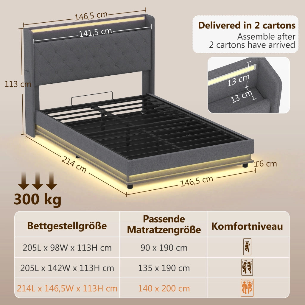 Letto Contenitore Matrimoniale con LED ¨C Zephmum ¨C Grigio 140x200 cm