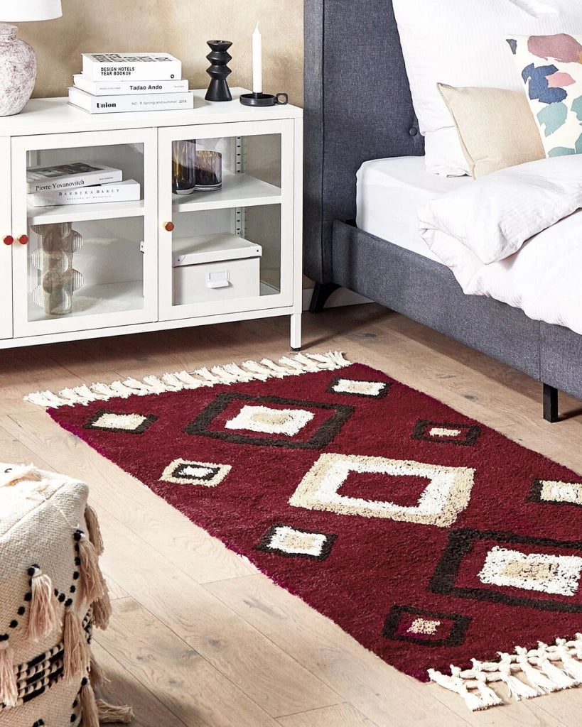 Tappeto in cotone con nappe e motivo a diamante rosso 80 x 150 cm soggiorno camera da letto