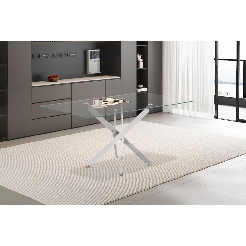 Tavolo da pranzo CRISTELIA – 160x90 cm – Piano in vetro – Gambe in metallo cromato – Design elegante e luminoso