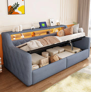 Letto daybed 90x200 cm con LED multicolore; contenitore idraulico; USB e USB-C; in lino grigio