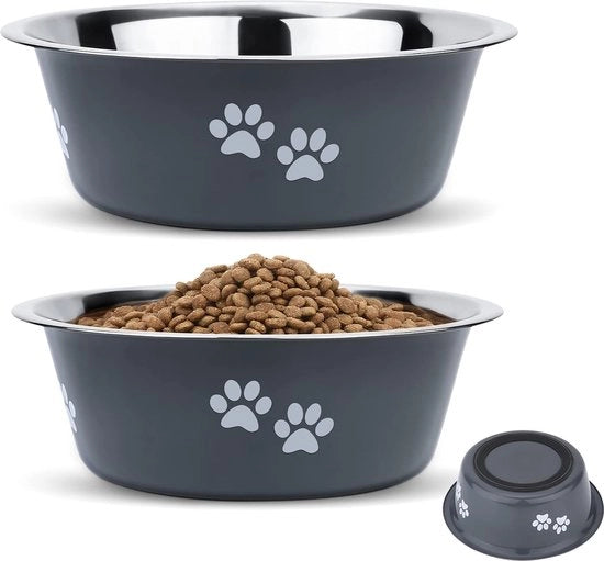 Pacco di 2 ciotole in acciaio inossidabile per cani (2020 ml), ciotola per gatto in acciaio inossidabile con base antiscivolo in silicone per cani e gatti piccoli, ciotola per bere per gatto e cane, L - 23,7 cm.