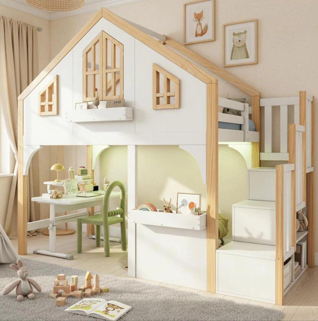 Letto a castello per bambini 90x200 cm con scala contenitore e LED