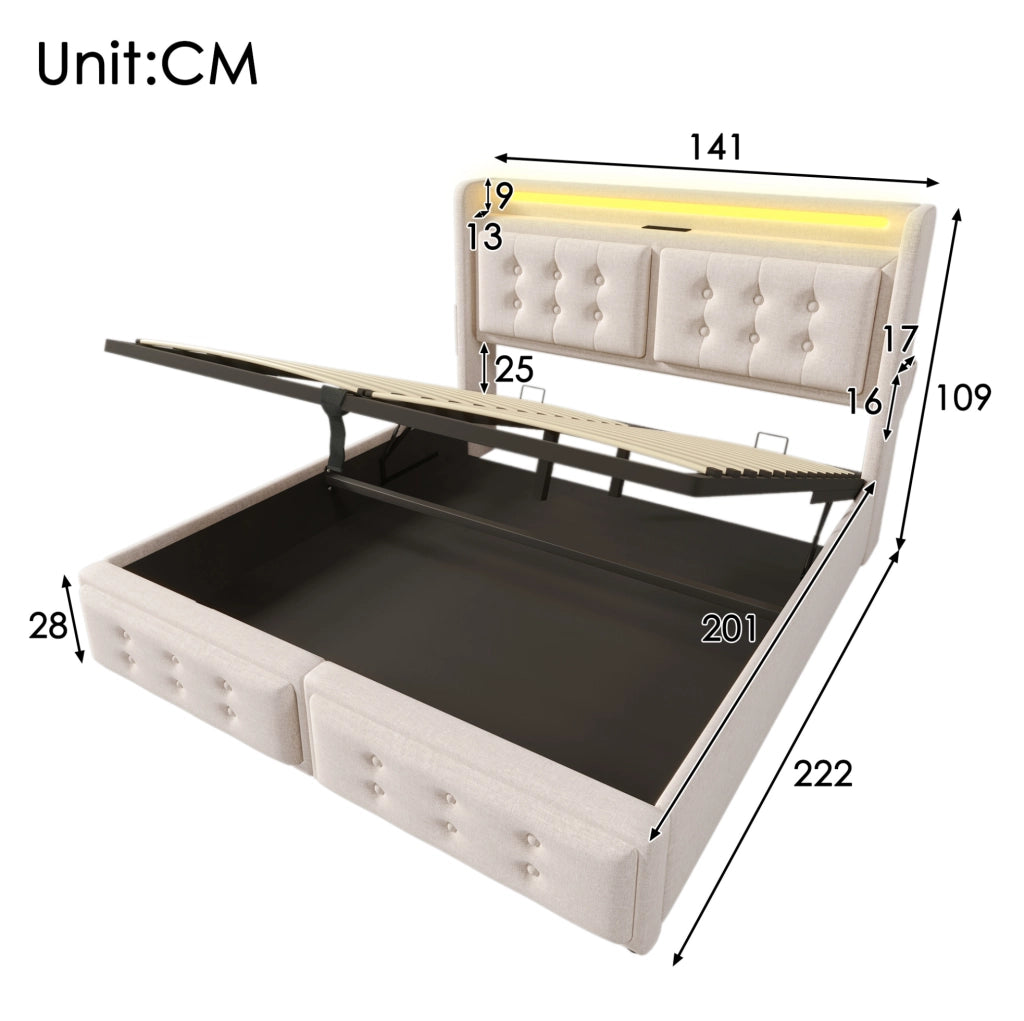 Letto imbottito 140x200 con testiera LED, prese e contenitore