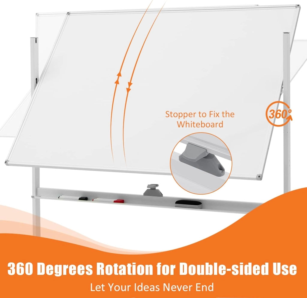 Lavagna Bianca Mobile con Supporto, 120 x 90 cm, Lavagna Magnetica Double Face, Regolabile in Altezza e Girevole a 360° (Bianco)