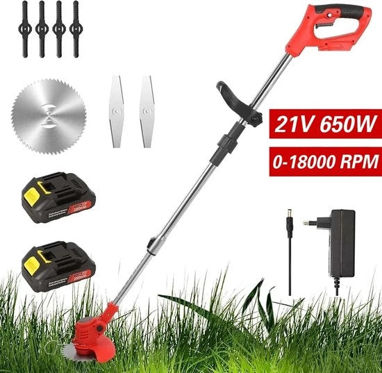 Striglia elettrica per erba - Senza fili - Inclusi 2 batterie - Acciaio inossidabile - 18000Rpm - Manico antiscivolo - 650W di potenza - 21V - Strumento per giardinaggio - Nero arancione