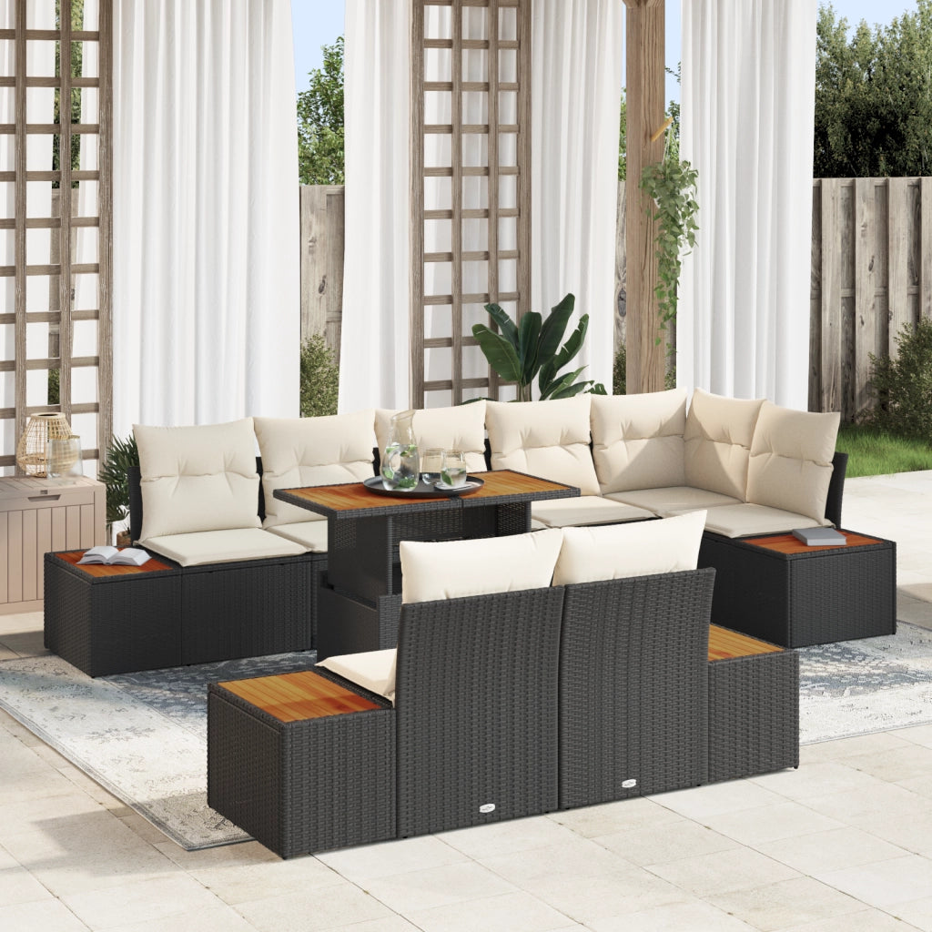 Set da pranzo da giardino 9 pezzi con cuscini nero in polyrattan e acacia