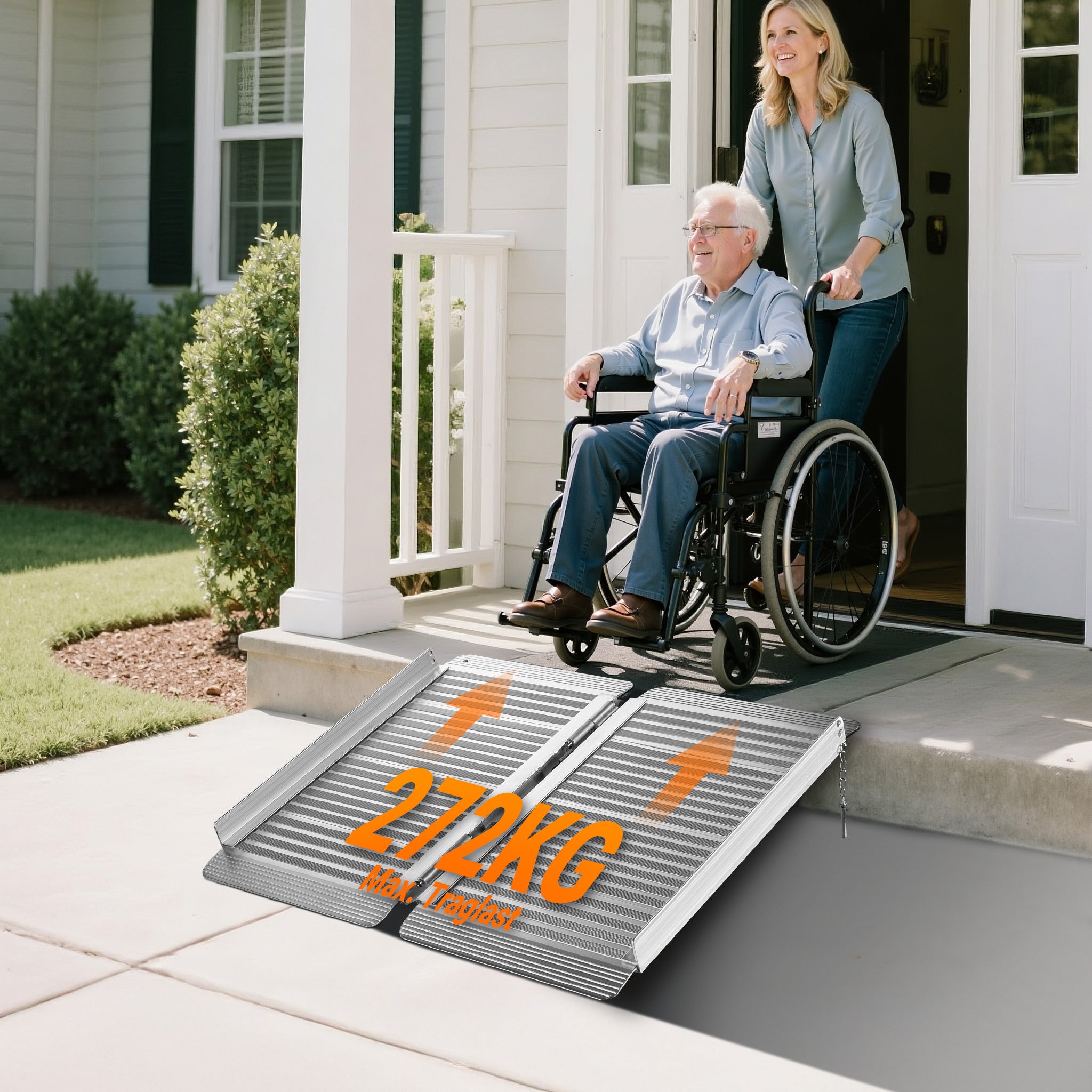 Rampa per disabili pieghevole e portatile, alluminio 62 cm max 270 kg, Pedana sedie a rotelle