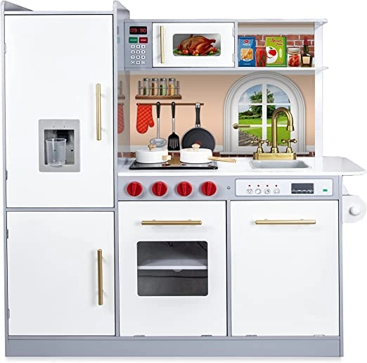 Teorema 40648 - Cucina Giocattolo in Legno con Piastra e Dispenser a batteria, Altezza 102cm, con Elettrodomestici e Ute