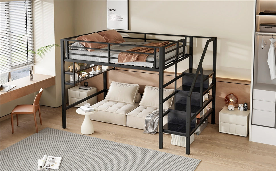 DESMIU Letto a soppalco per bambini 140 × 200 cm 2 posti con ripiani, scala contenitore e barriera, senza materasso, nero
