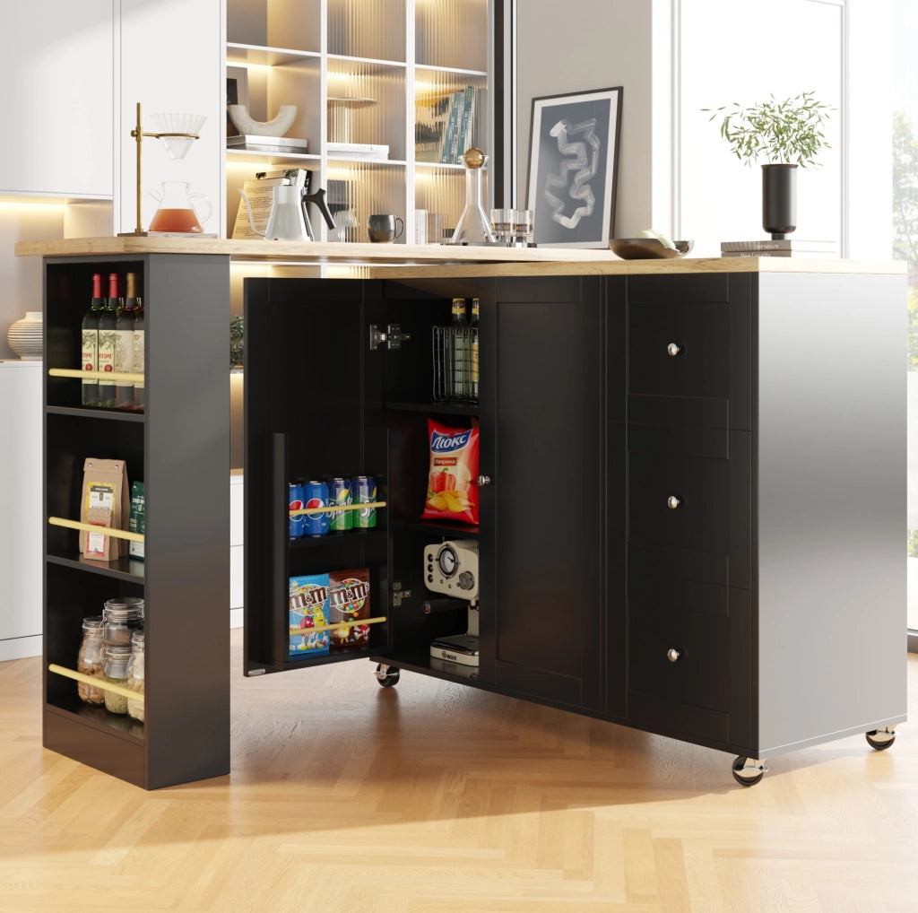 Mobile bar 203x39x106 cm girevole a 360° con ruote; in MDF nero