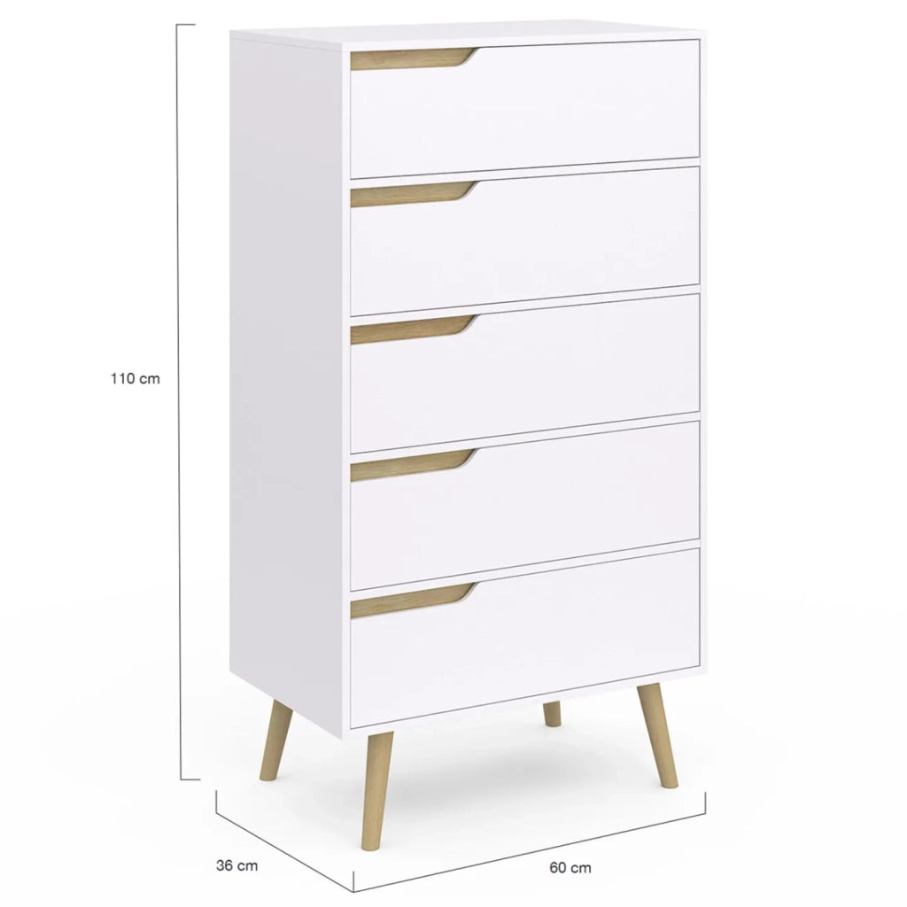 IDMarket - HELSINKI Cassettiera a 5 cassetti da 60 cm Chiffoniera scandinava bianca