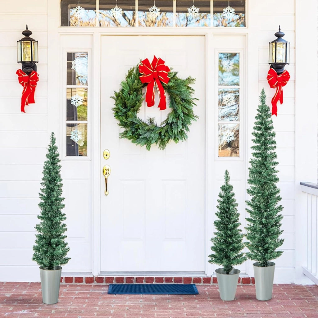 Set di 3 Albero di Natale Artificiale in Vaso con Alberi Finti da 90/120/150 cm, Alberi di Natale Sottili a Matita con Secchi in Metallo Argentato, Decorazione Festiva (Verde)