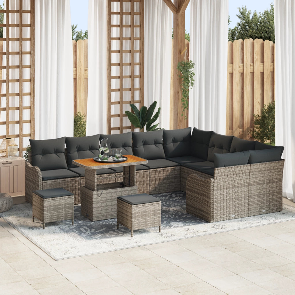 Set di 12 divani da giardino  con cuscini grigi in polyrattan e acacia