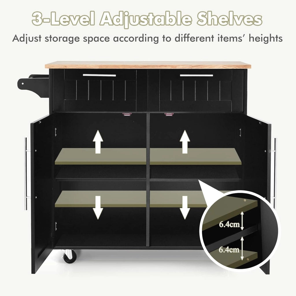 Carrello da Cucina in Legno con Piano di Lavoro, Armadio da Cucina su Ruote, Carrello da Portata con Portasciugamani e 2 Cassetti, Isola da Cucina Mobile, 3 Colori