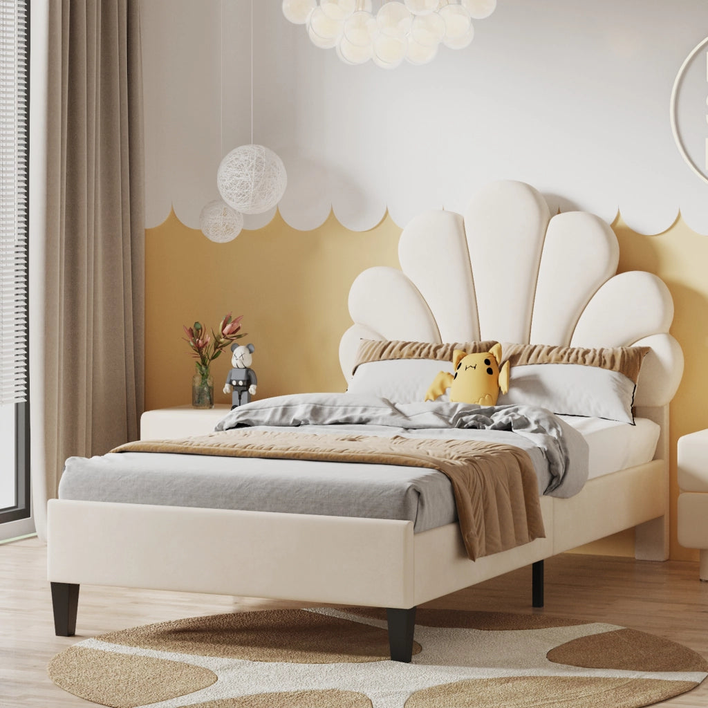 Letto Singolo 90×200 cm con Testiera a Fiore; Imbottito in Velluto; senza Materasso; Beige