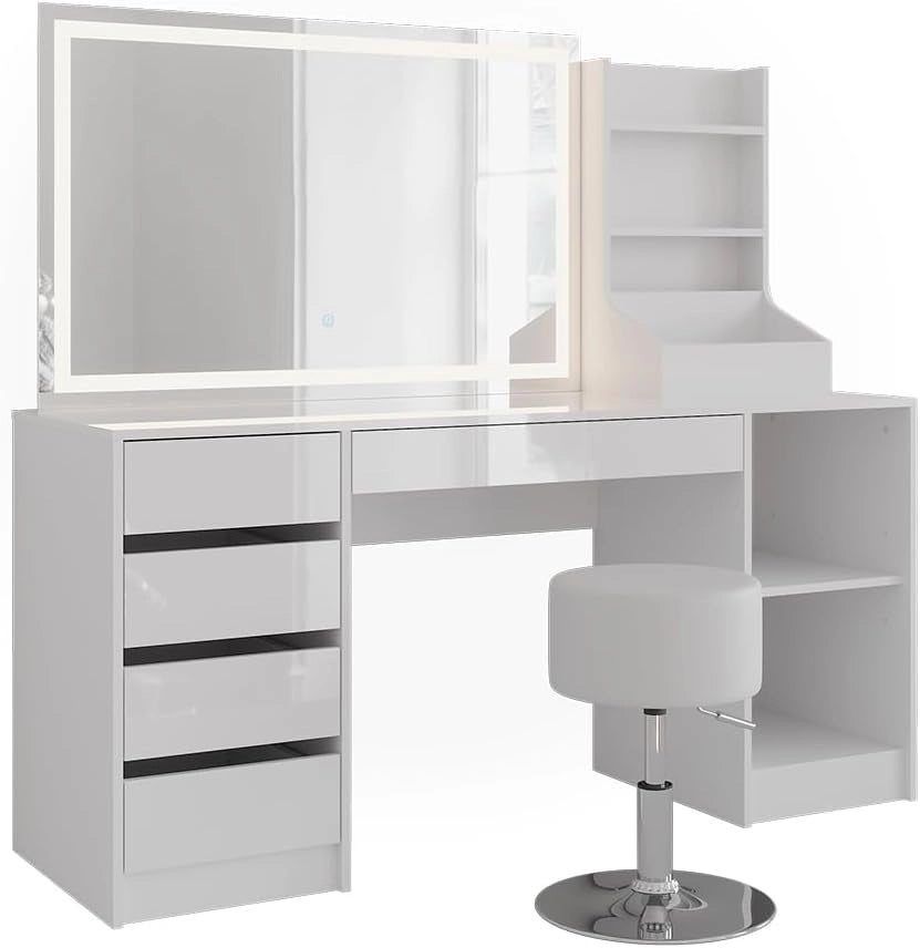 Tavolo da toeletta Sherry, Bianco/bianco lucido, 158.2 cm 4 parti, con illuminazione LED e sgabello imbottito